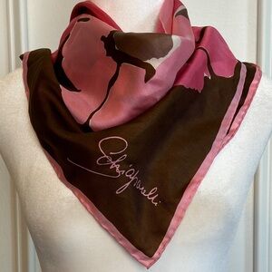 Vintage Schiaparelli Silk Square Brown Hot Pink Flowers  Rolled Hem